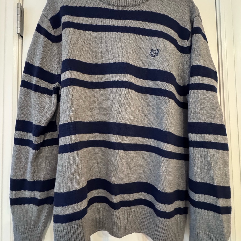 Chaps Gray and Navy Striped Crewneck Sweater